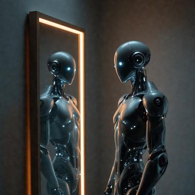 The primary subject of the image is a robot, which is the main object, scene, or focus of the image. The robot is standing in front of a mirror, which serves as the setting or background of the image. The visual style of the image is digital art, as it is a computer-generated representation of the robot. The colors and mood of the image are predominantly silver and metallic, giving it a futuristic and technological atmosphere.